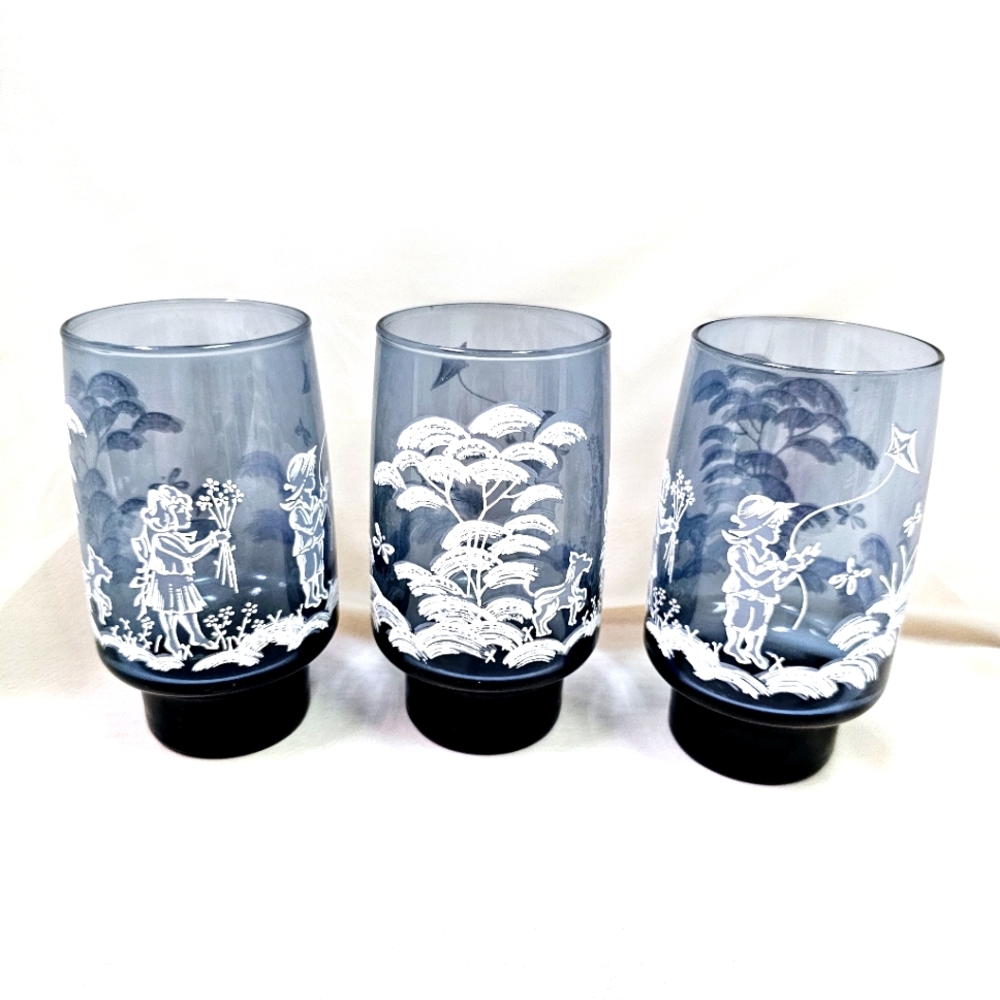 Vintage 3pc Libbey Cobalt Blue & White Mary Gregory Boy & Girl With Dog Glasses